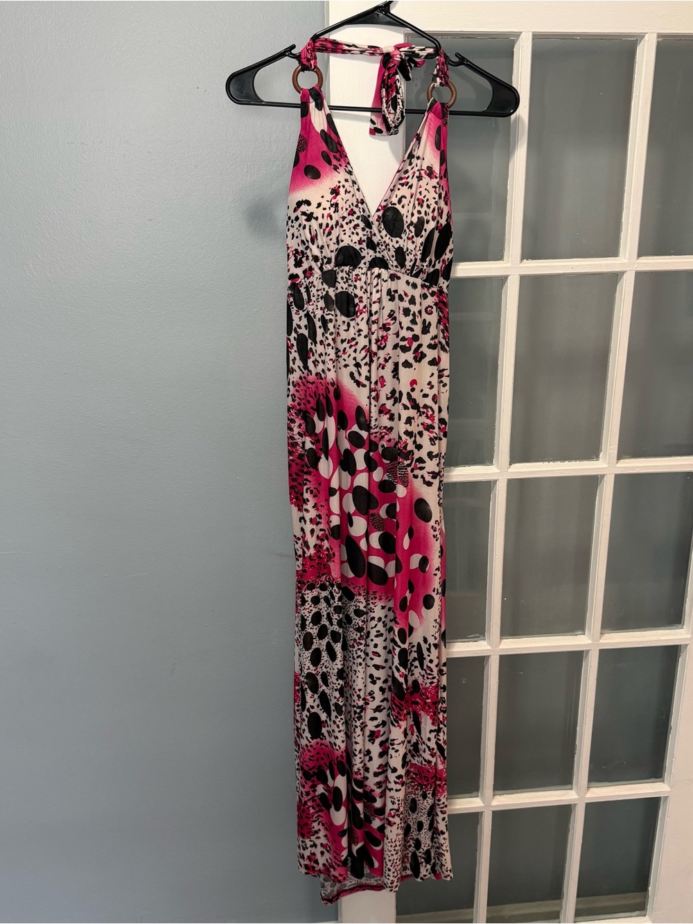FCNY Pink Animal Print Patterned Maxi Halter Dress Wooden Hoops Size L